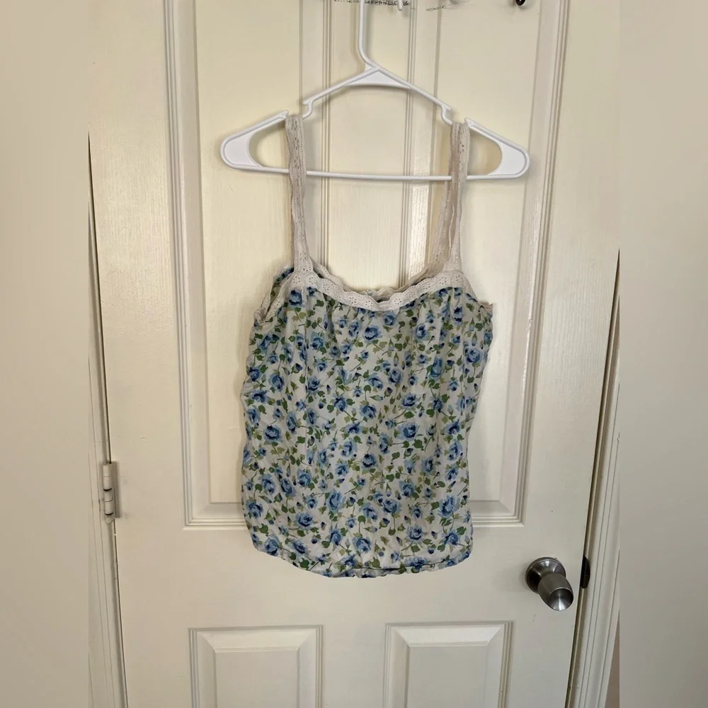 LOFT Blue Floral Lace Trim Camisole Tank Top Size L - Picture 1 of 8